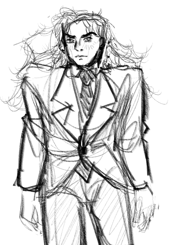 A sketch of Dio Brando from Jojo's Bizarre Adventure in a suit and tie, like a lawyer